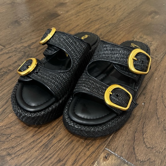 NWT Sam Edelman Black Nerissa Woven Platform Slide with Gold Buckles - Picture 8 of 9